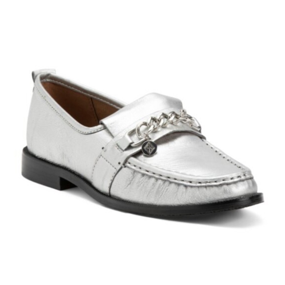Donald J. Pliner LISSI Metallic Silver Loafers with Chain Accent Size 6